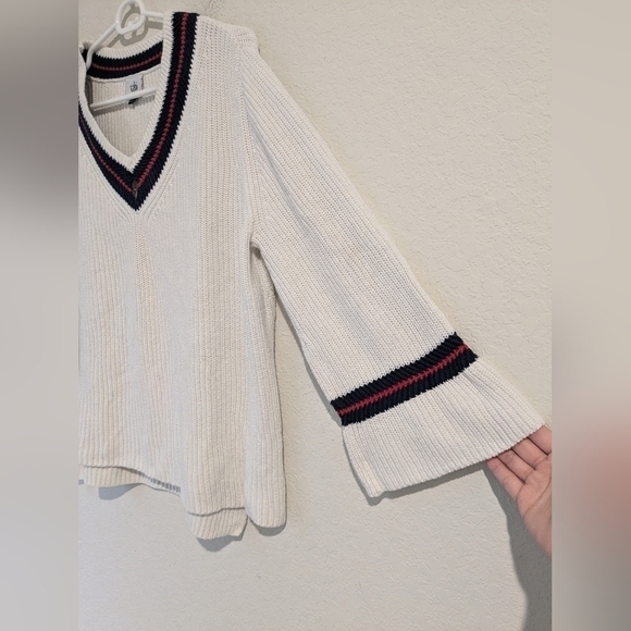 Cabi White Ribbed V-Neck Bell Sleeve Ace Pullover Sweater Preppy Classic - Picture 8 of 12
